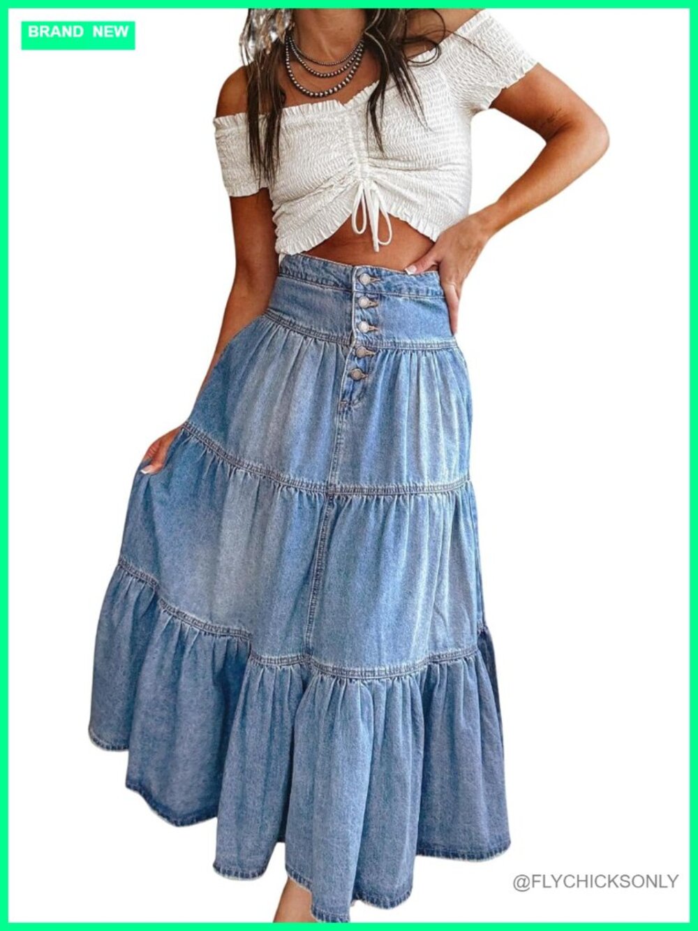 High Waist Denim Maxi Skirt Button Boho Flowy Pleated Tiered Ruffle Swing - Picture 6 of 6